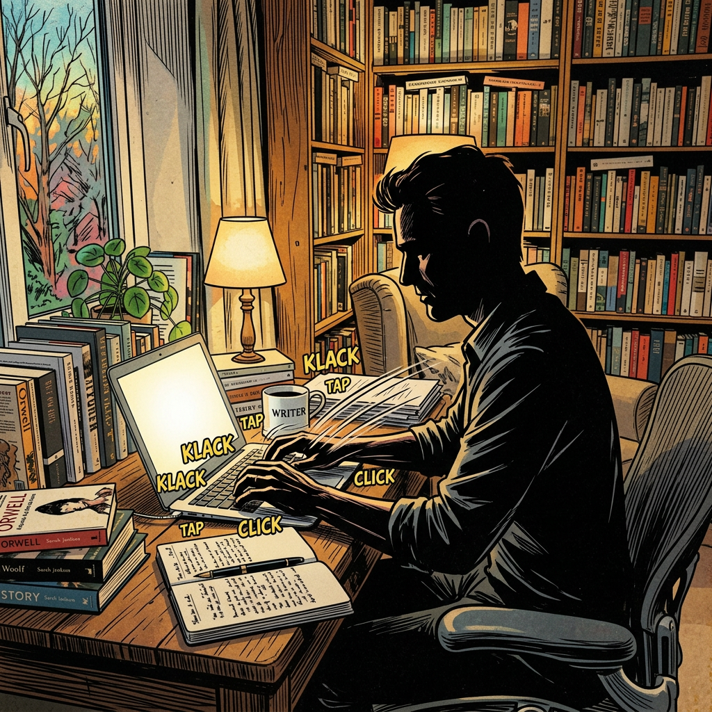 Woman typing on laptop at wooden desk surrounded by books and a lamp