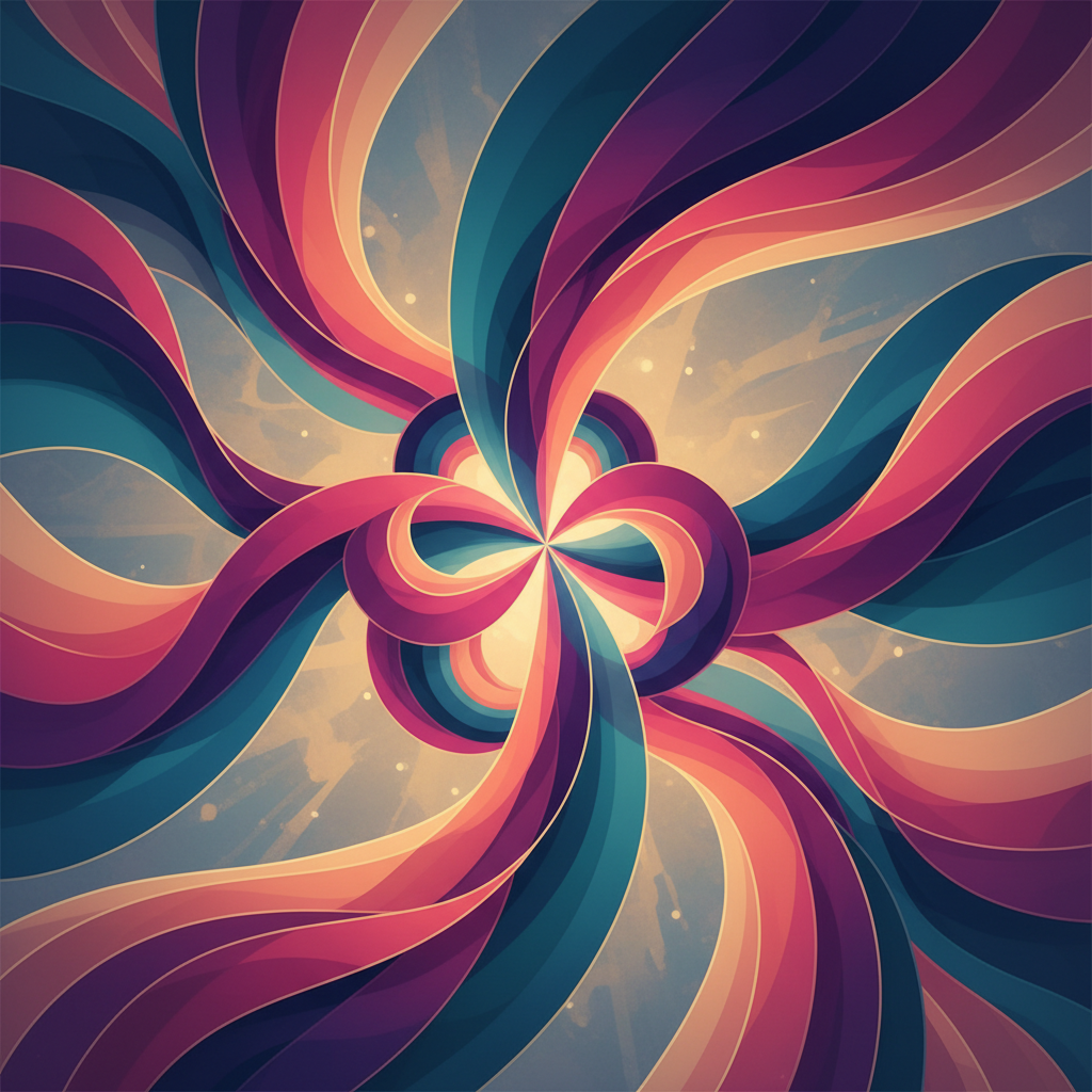 An abstract square illustration expressing the complexity and possibility of compassionate communication: swirling, interwoven ribbons and translucent layers moving toward connection, with rich teal, cobalt blue, magenta, violet, coral, and warm gold. Luminous, thoughtful, sophisticated editorial art. No words, no letters, no people, and no black-and-white treatment.